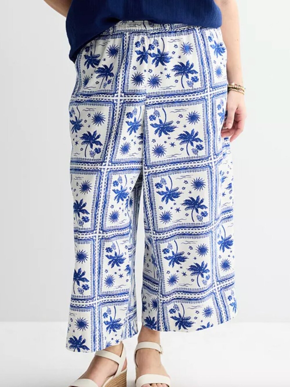 Sonoma Linen Blend Cropped Easy Pants Tropical Blue White Palm Square Size XL